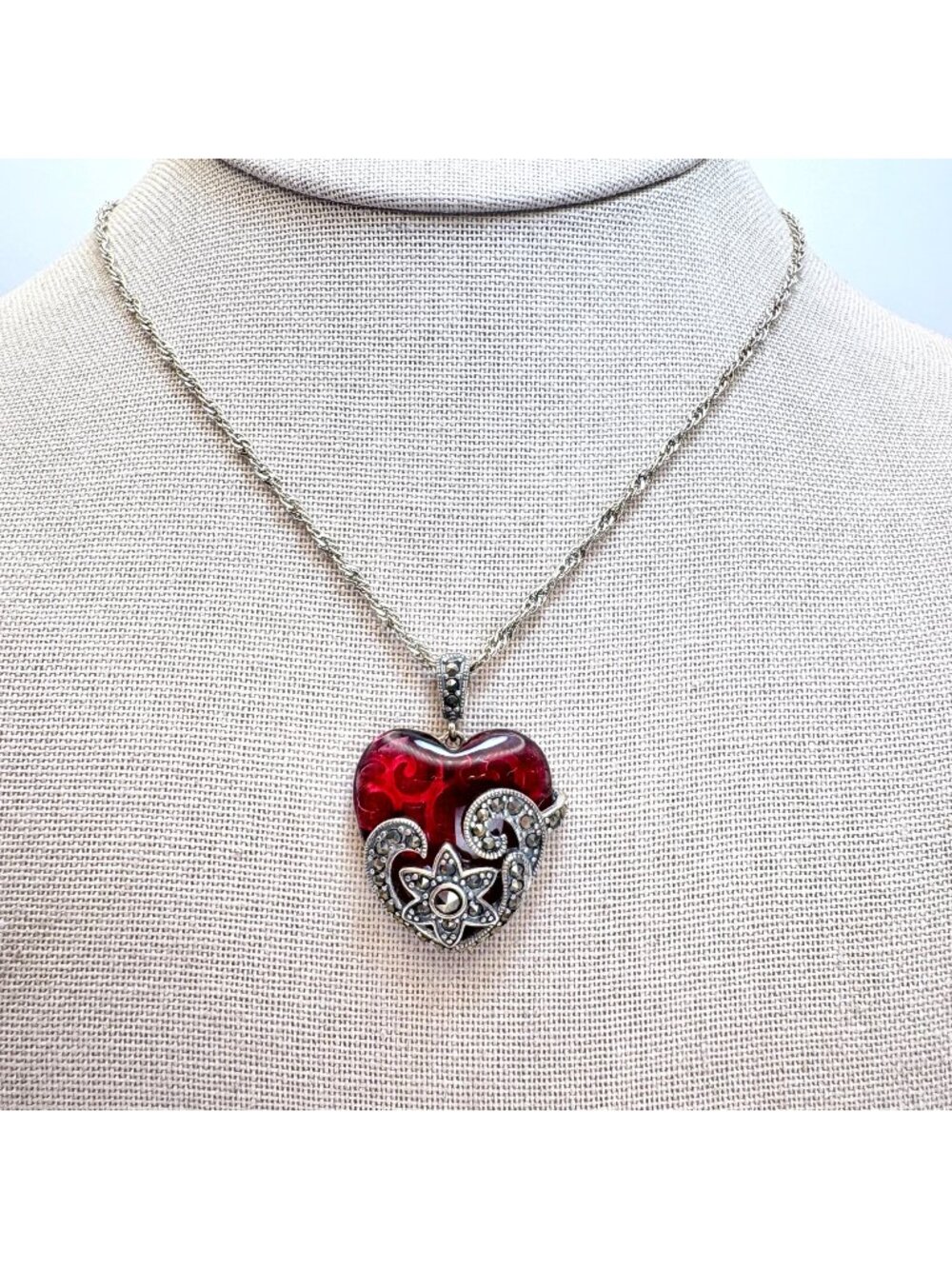 Floral Marcasite & Sterling Silver 925 Red Glass Heart Pendant Necklace 18" Leng
